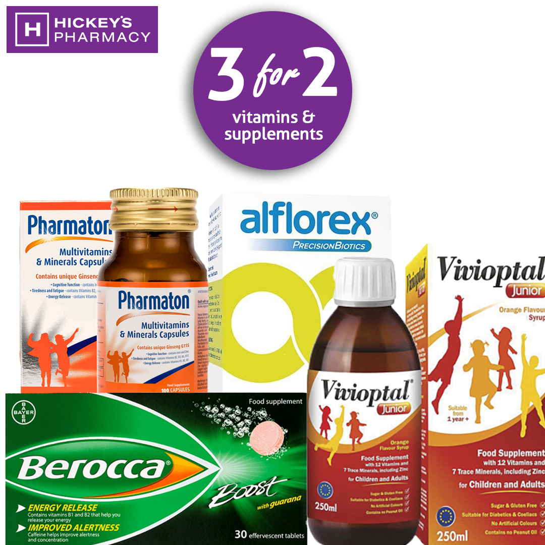 3 for 2 on Vitamins and Supplements at Hickey's Pharmacy!*